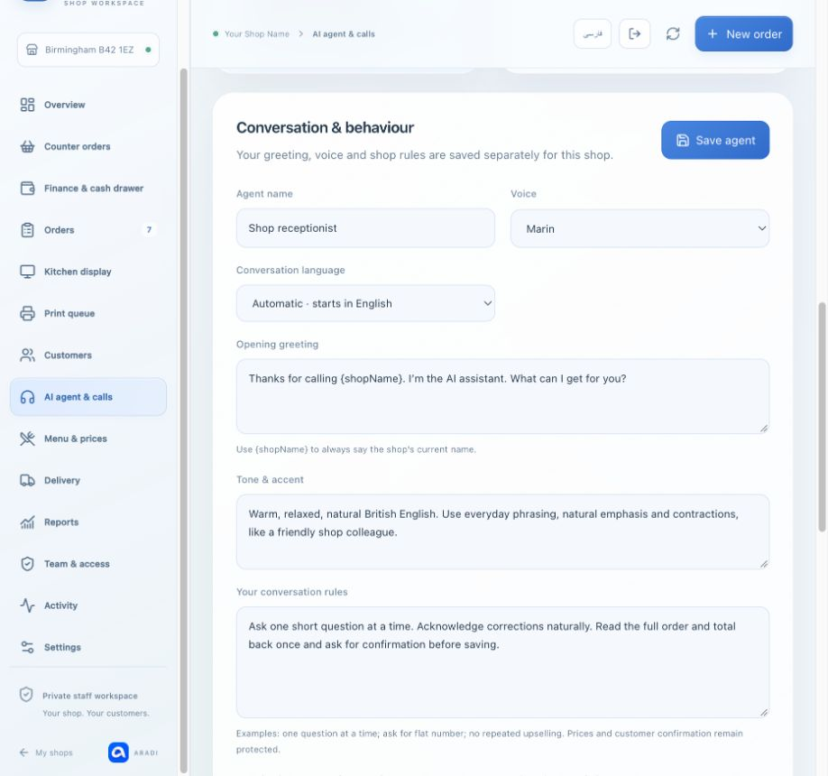 AI ordering & conversation rules — The actual Aradi interface, populated with a fictional shop and sample records.