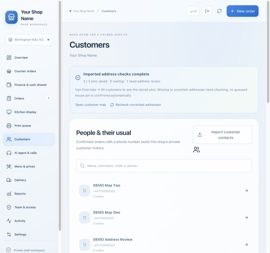 Customers, addresses & purchase history — The actual Aradi interface, populated with a fictional shop and sample records.