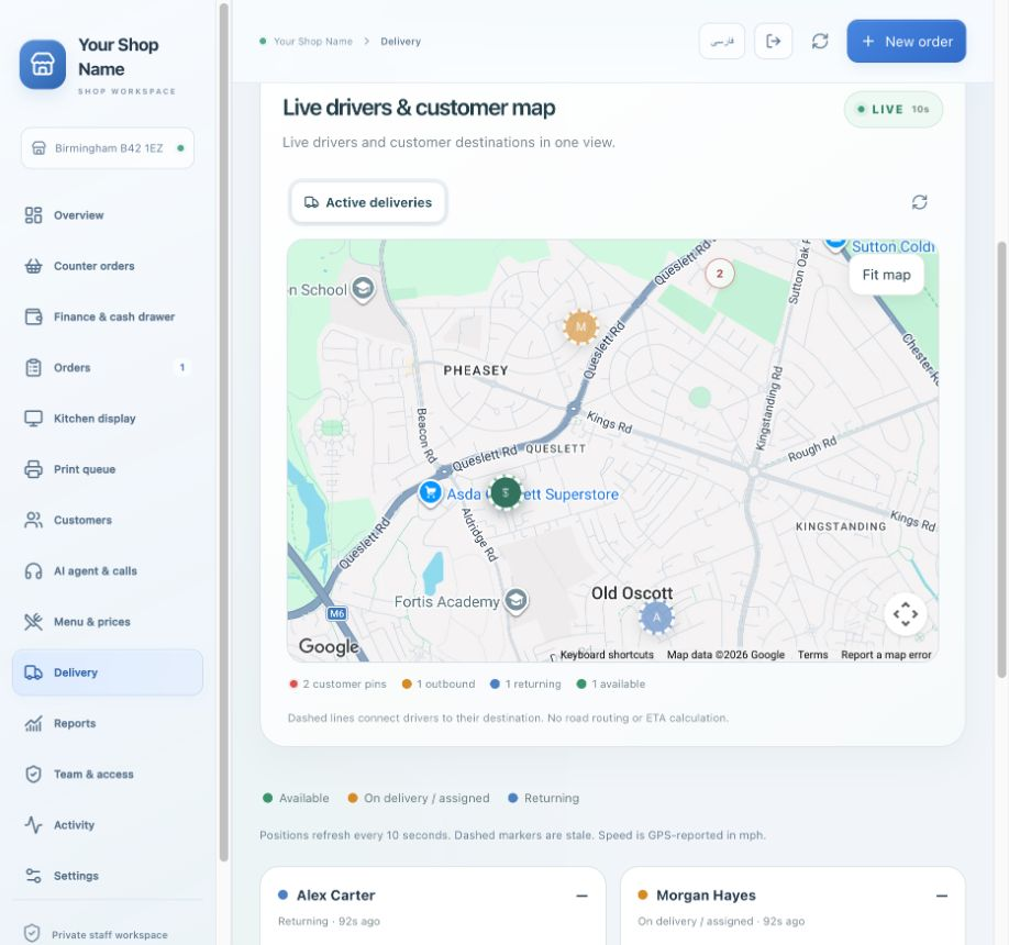 Delivery dispatch & driver tracking — Actual Aradi delivery screen using Google Maps. Shop identity, drivers, destinations and figures are fictional.