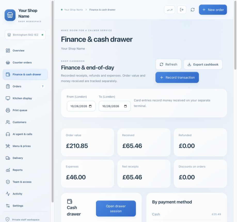 Payments, cash drawer & driver accounts — The actual Aradi interface, populated with a fictional shop and sample records.
