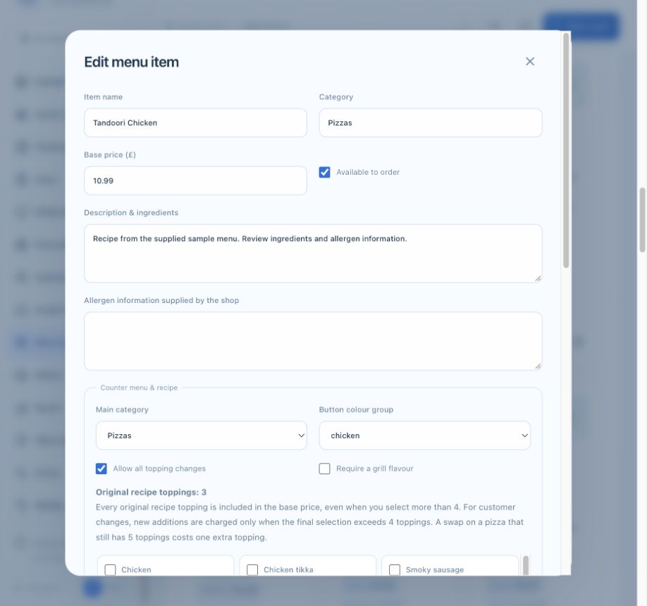 Menu, recipes & pricing — The actual Aradi interface, populated with a fictional shop and sample records.