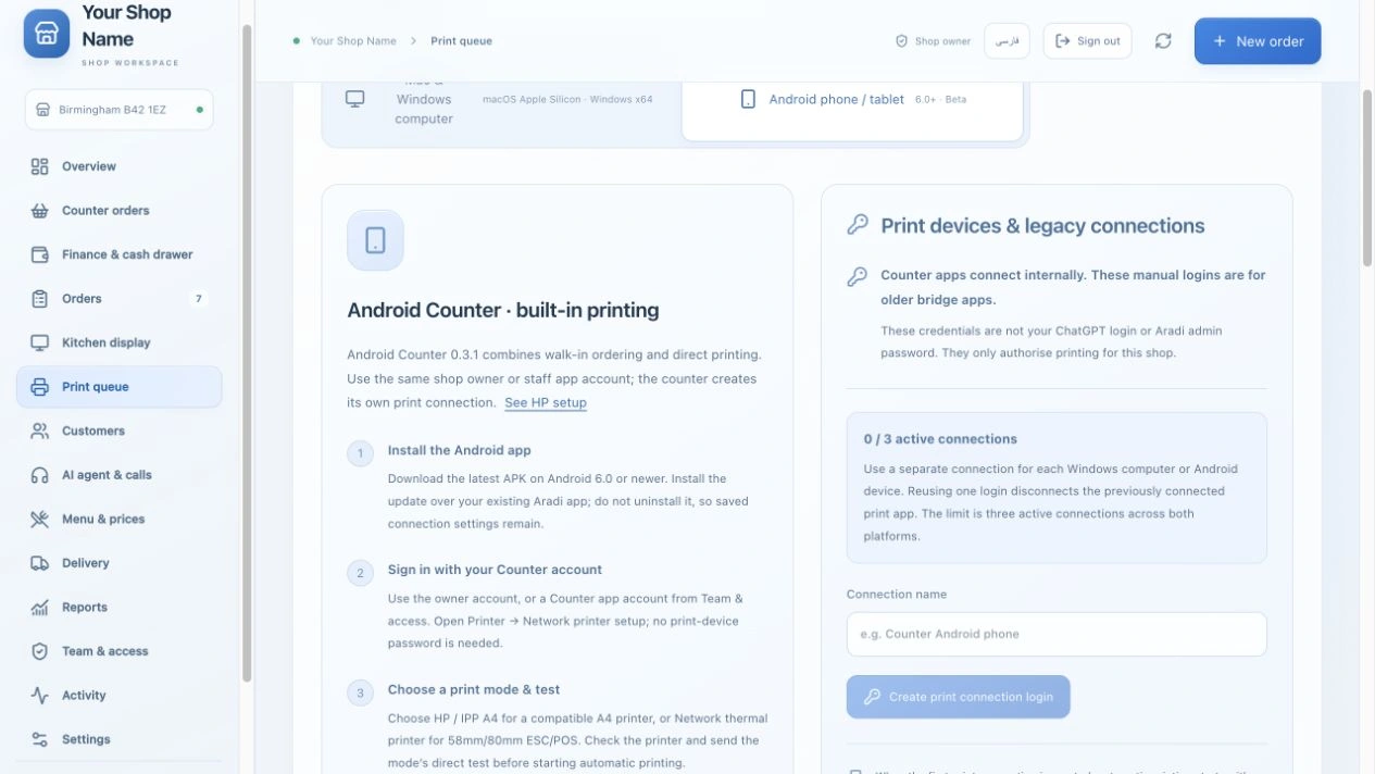 Receipts & automatic printing — The actual Aradi interface, populated with a fictional shop and sample records.