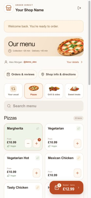 QR menus & returning customers — The actual Aradi interface, populated with a fictional shop and sample records.
