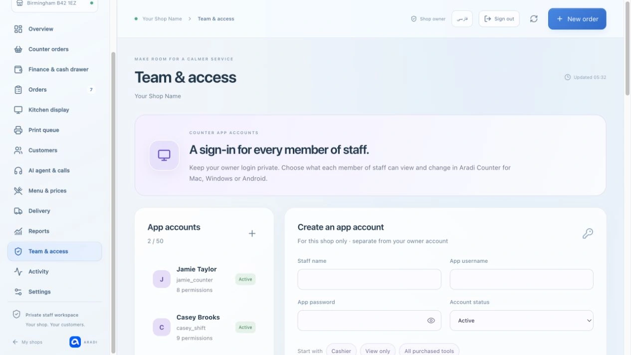 Team accounts & permissions — The actual Aradi interface, populated with a fictional shop and sample records.