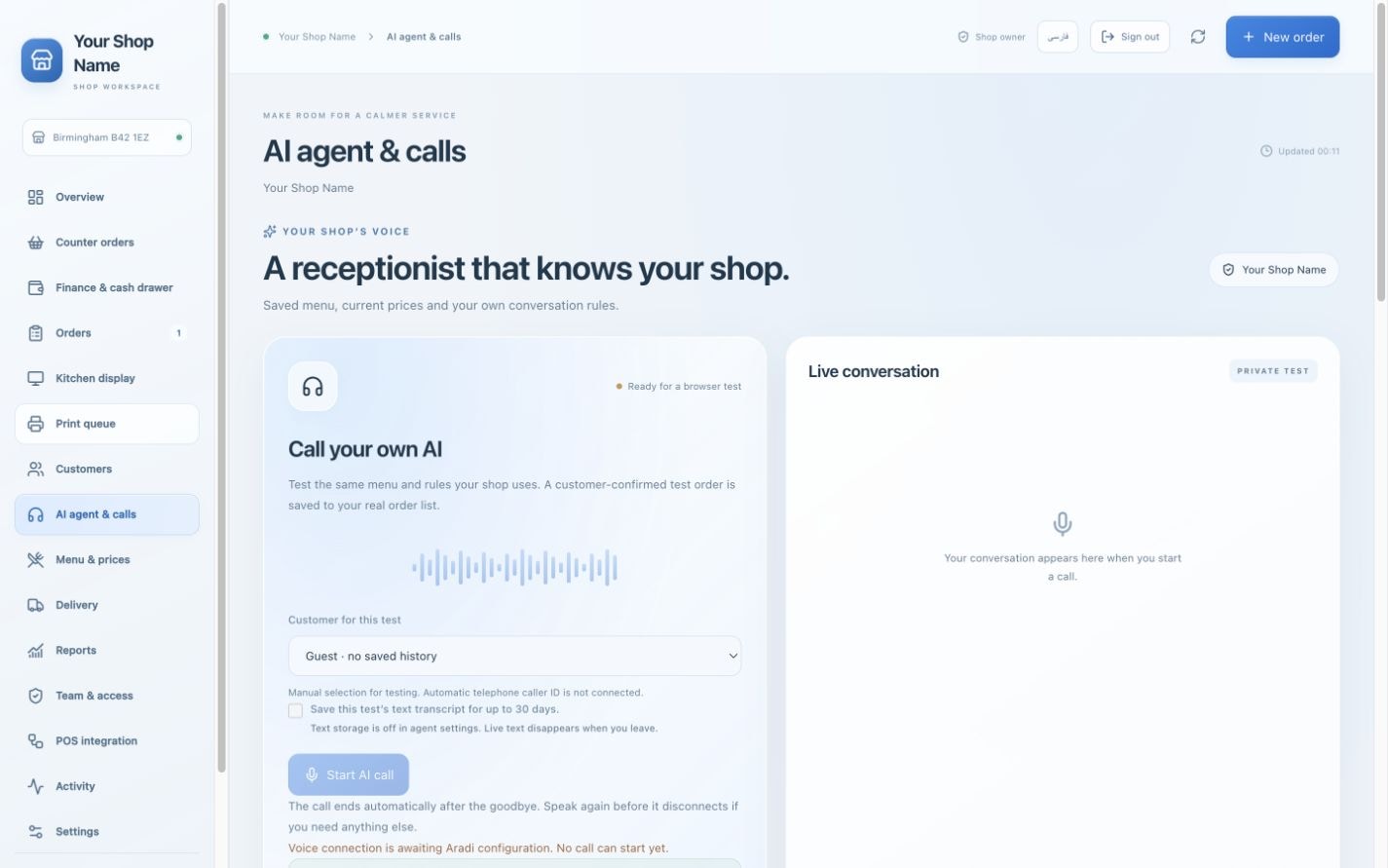 The real Aradi AI agent screen with browser conversation test and editable conversation rules.