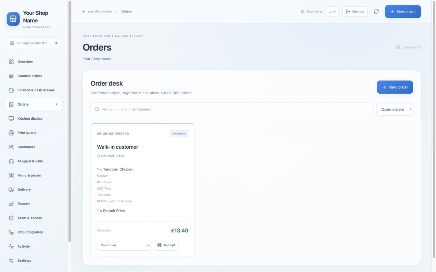 Actual Aradi the order desk screen with the placeholder name Your Shop Name and fictional demonstration data.