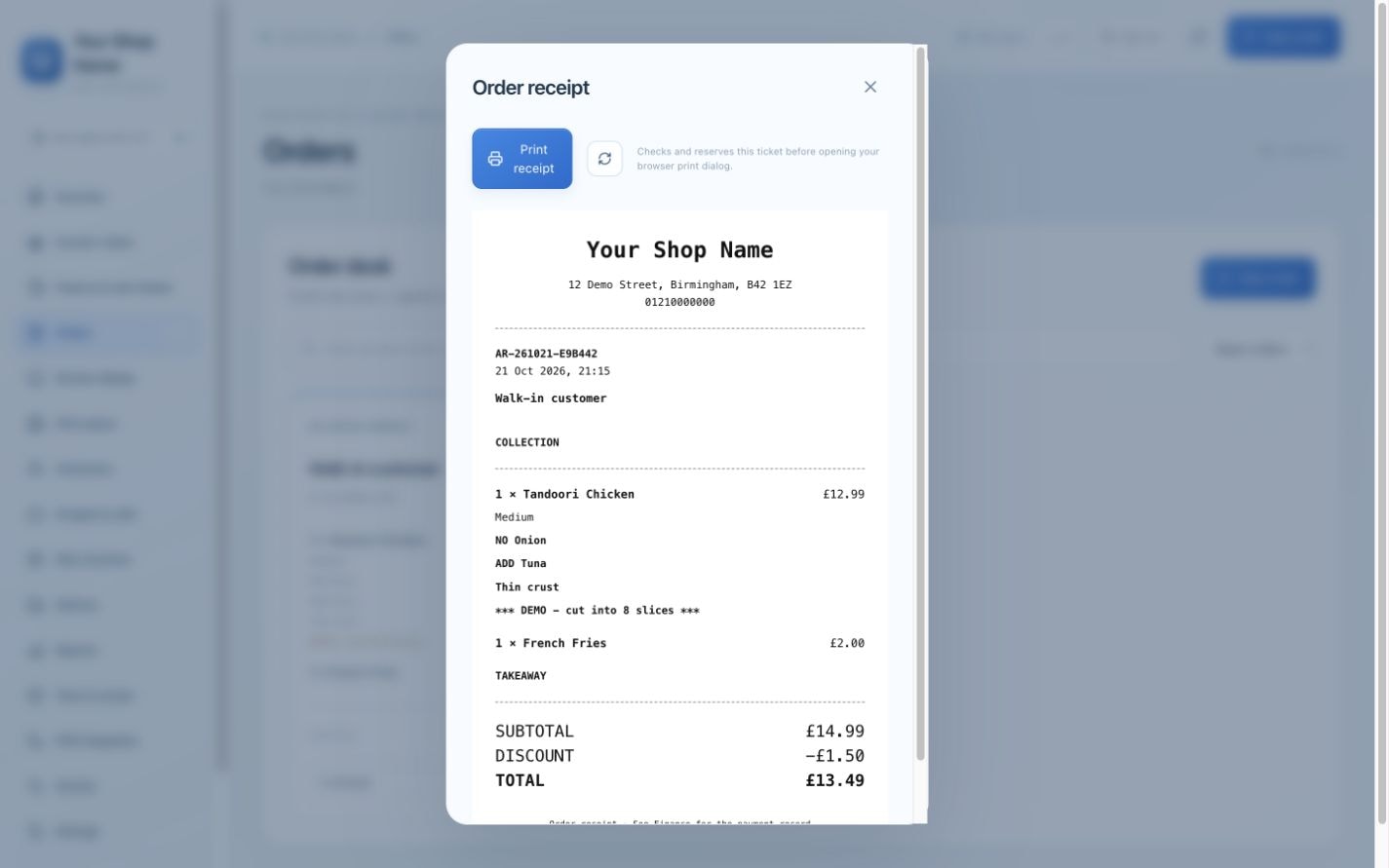 The real Aradi receipt preview carrying the demonstration shop name and order details.