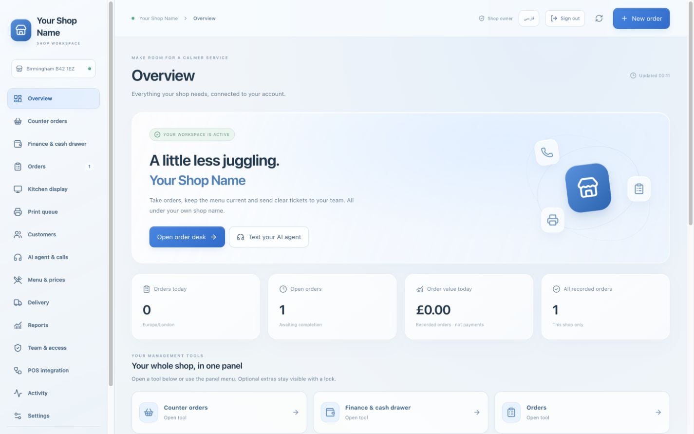 The real Aradi overview showing the demo shop identity, order counts and connection status.